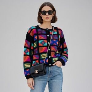 🦙 100% Alpaca Wool Cottagecore Grannycore Colorful Cardigan Sweater S